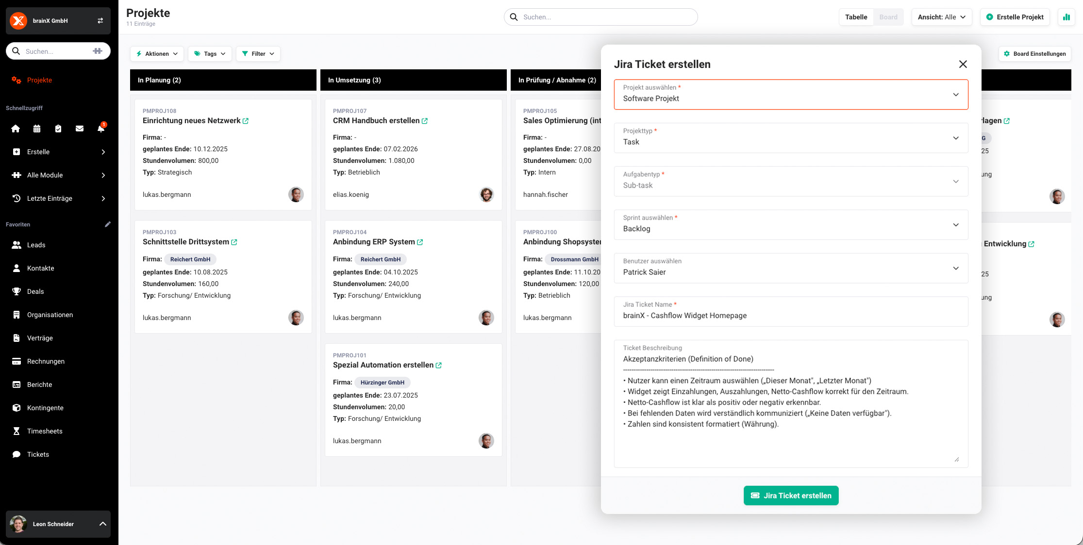 Jira Ticket Maske in brainX